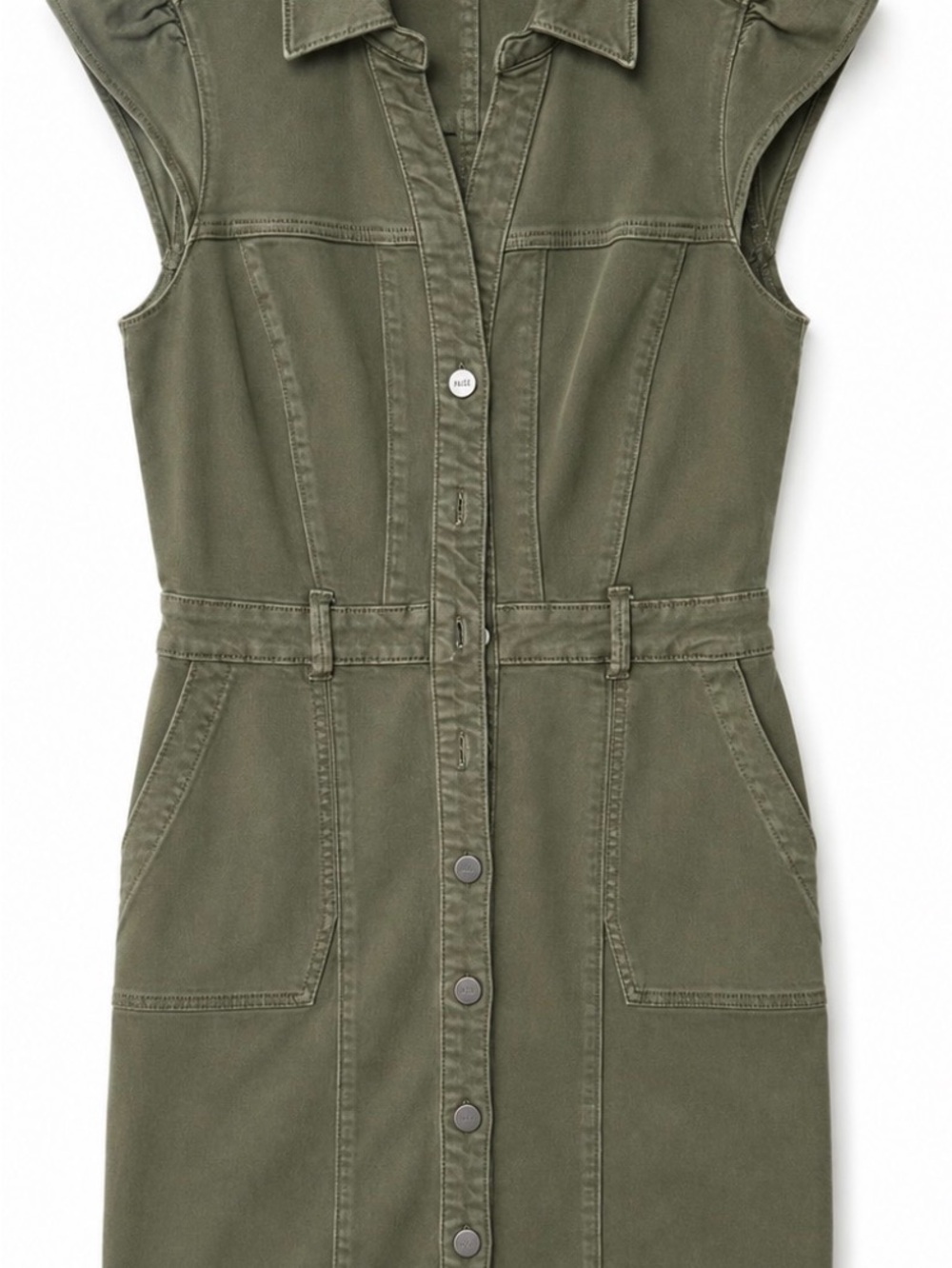 PAIGE Olive Green denim stretch Sleeveless Button-Front Belted Midi Dress - Picture 6 of 6